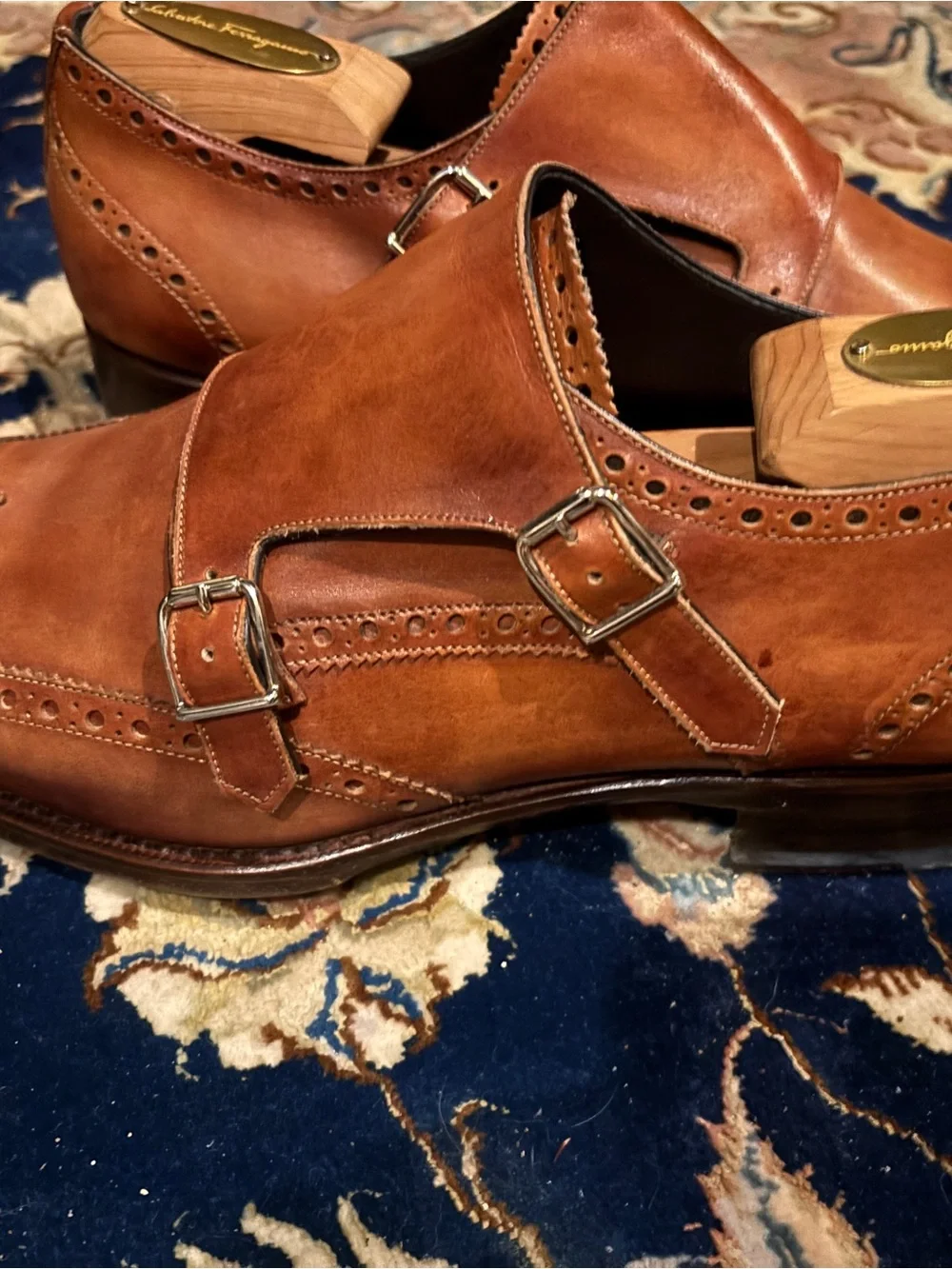 Salvatore Ferragamo Brown Double Monk Strap Brogue Leather Shoes